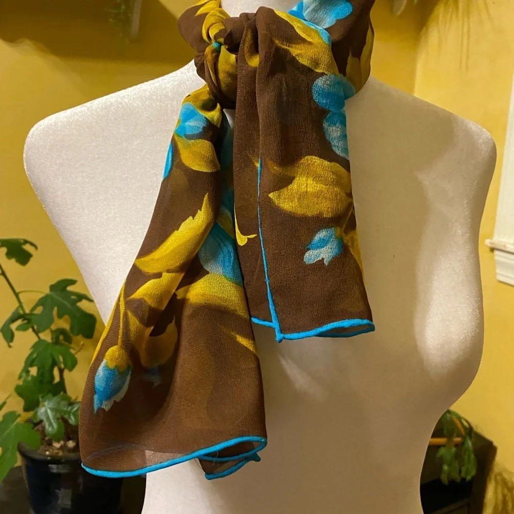 Vibrant Brown Chiffon Scarf Blue and Yellow Floral Hand-Rolled Edges